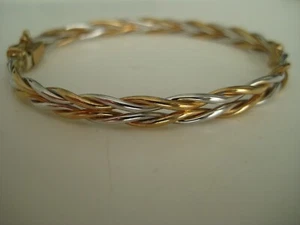 Gold Hinged Bangle 9 Carat Yellow & White Braided Oval - Picture 1 of 8