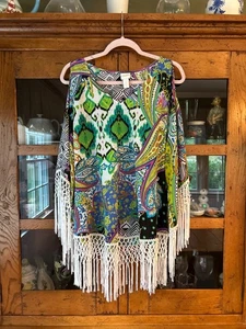 Chico’s Chicos künstlerische Boho Paisley schulterfreie Fransen Tunika Gr. 3 gebraucht, in einwandfreiem Zustand - Bild 1 von 10