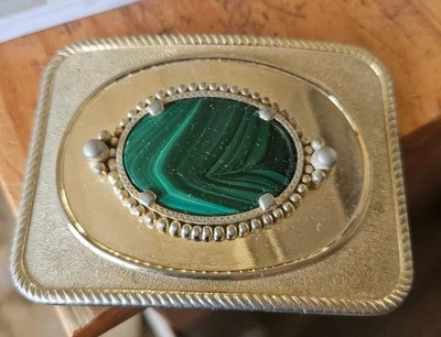 1970s VINTAGE GREEN MALACHIE STONE AND BRASS BELT BUCKLE - Image 1 of 2