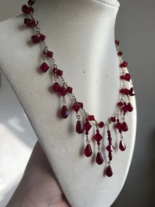 Vintage Red Crystal Faceted Beads Necklace Dangle Cha  Cha Choker 18” - Picture 1 of 4
