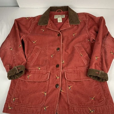 Vintage LL Bean Red Corduroy Chore Coat Women Med. Embroidered Pheasants - Image 1 of 4
