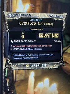 PS/XBOX/PC Tiny Tina's Wonderlands Amuleto Modded “Overflow Bloodbag” DARK MAGIC - Imagen 1 de 1
