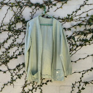 Antique 1920s Mint Green Raw Silk Open Jacket Coat Mother Of Pearl Buttons Dress - Picture 1 of 16
