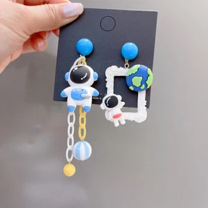 Fancy Fashion Cute Space Astronaut Planet Earth AB Asymmetry Dangle Earring - Picture 1 of 4