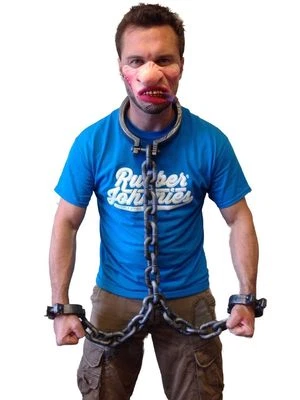 RUBBER JOHNNIES TM Neck & Hands Shackles Prisoner Convict Chains Ball & Chain Fancy Dress Accessory