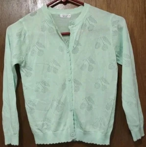Girl's Size 140 ( US 8/10) Long Sleeve Bright Green Sweater Buttons Cherries - Picture 1 of 5