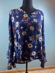 Glockenärmel Damen Rayon dunkelblau Blumen Größe XL - Bild 1 von 15