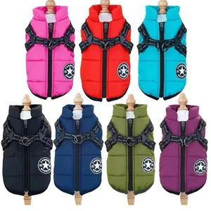 Dog &CatCoat Waterproof With Harness Jacket Raincoat Winter Zip Coats Pet Hole - Picture 1 of 14