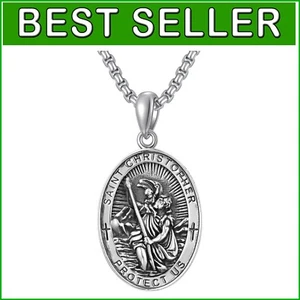 Oxidized Saint Christopher Medallion Necklace with Gift Box - Unisex Protection - Picture 1 of 9