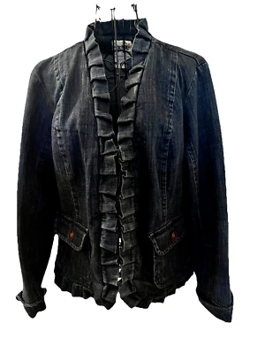 LAL LIVE A LITTLE Ruffled Edge Blue Denim Jacket With Hook & Eye Closure SZ LG - Image 1 of 4