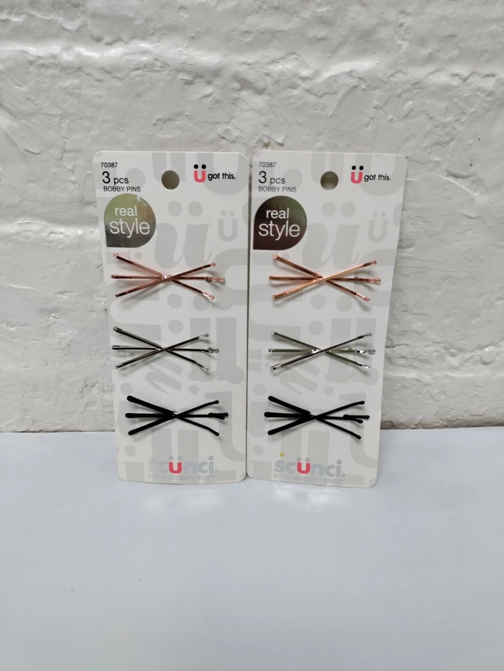 2 packs SCUNCI Real Style Hair Bobby Pins - BLACK-COPPER-SILVER - 3 per pack = 6 - Image 1 of 1