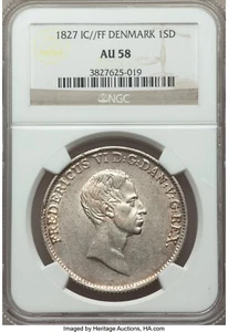 Denmark 1827-FF Speciedaler NGC AU58 scarce - Picture 1 of 2