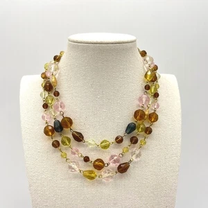 Collar Vintage Tres Hilos Cuentas Rosa Amarillo Marrón Disfraz Ajustable - Imagen 1 de 5