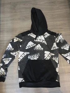 Adidas Mens Black Hoodie | Designer Pullover Casual All Over Logo Print Hoody - Picture 1 of 5