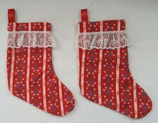 Christmas Stocking Lot of 2 - Red White Striped Lace Floral Vintage