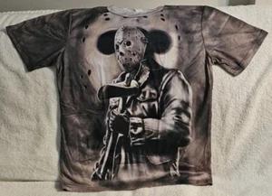 JASON VOORHEES HOCKEY MASK AXE FRIDAY THE 13TH HORROR SCARY KILLER T-SHIRT - Picture 1 of 4