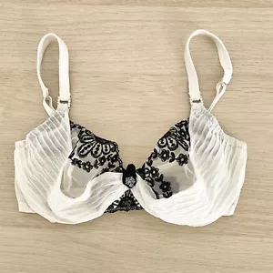 Pleasure State Contour Bra Sz 10DD White Black Floral Embroidery Unpadded Sheer - Picture 1 of 12
