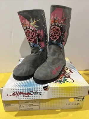 Ed Hardy Kids Size 4 Boot Strap Boot Grey Love And Roses - Image 1 of 4