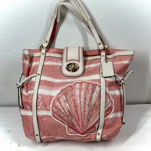 Coach Audrey Cinched Tote Pink Stripe Canvas Shell Motif Sequin Leather Trim - Picture 1 of 16
