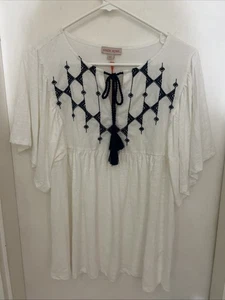 NWT Knox Rose Women's Flutter Short Sleeve Embroidered Top Size L White & Blue - Picture 1 of 5