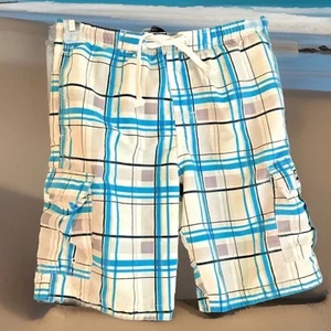 RS Surf Boys Swim Trunks Blue White Plaid Lined Tie Waist Pockets Size 5 - Picture 1 of 6