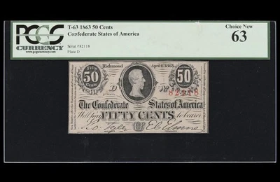 T-63 1863 Confederate States 50 Cents 50c Civil War Banknote Currency, PCGS 63 - Image 1 of 4