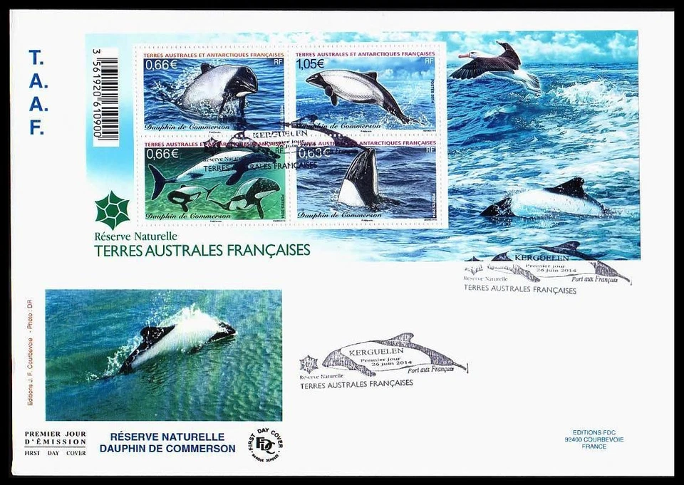 FSAT/TAAF 2014. Sc.509. Delfines de Commerson. FDC Kerguelen cancelación especial Foto 1 de 1