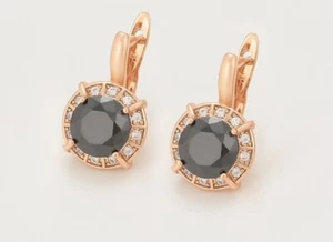 Rose Gold Women's Round Halo Black Onyx Gemstone CZ Hoop Earrings - Picture 1 of 2