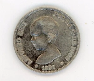 Spagna - España 2 Pesetas 1891 KM 692 VF+ Moneta Argento Circolata Rara - Foto 1 di 3