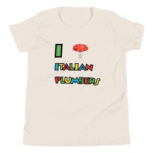 "I Love (Mushroom) Italian Plumbers" Youth T-Shirt Mario Amanita Agaric Gaming - Picture 1 of 7