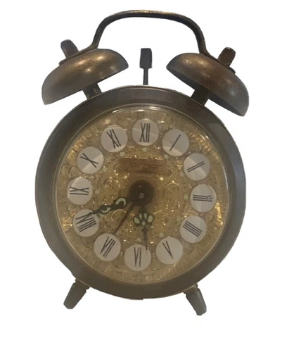 Antique Jerger German Rare Brass Gold Face Tabletop Wind Up Alarm Clock  Germany Cover
