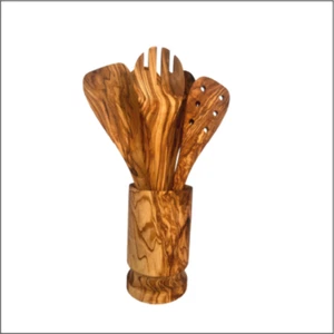 Olive Wood Kitchen Servers Set w/Holder -6 Pcs - Picture 1 of 8