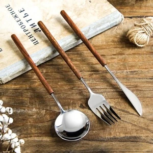 3Pcs Dinnerware Cutlery Steak Knife Spoon Fork Set Stainless Steel Wood Handle S - Picture 1 of 24