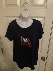 Kim Rogers Navy Blue Short Sleeve Crew Neck T-Shirt American 4th of July FLAG M - Picture 1 of 5