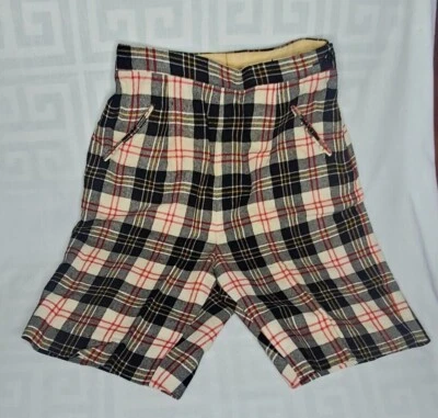 Винтажные кремовые, красные, черные и желтые шерстяные шорты в клетку 1940-е талия 23 дюйма - Изображение 1 из 4