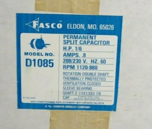 Fasco D1085 Elektrischer Motor 208-230V 1/6 HP .8A 7176-2907 1120RPM 980RPM - Bild 1 von 2
