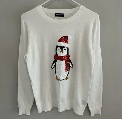 Victoria Harbour Women’s Size M White Sequin Penguin Christmas Sweater. - Image 1 of 4