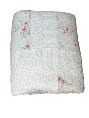 Simply Shabby Chic Patchwork Quilt Floral Striped Green Pink Coverlet Blanket - Image 1 of 4