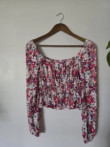 ASTR womens XS pink Floral Cropped Peplum Blouse Long Sleeve Top - Picture 1 of 7