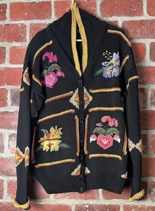 VTG Berek Sweater Black Floral Cardigan Hand Knit Heavy Button Front Size Large - Picture 1 of 11