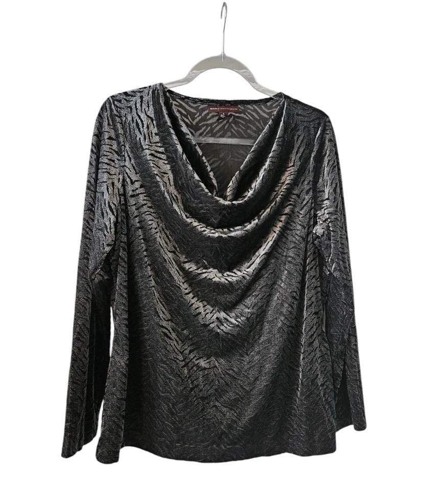 Blusa Dana Buchman para mujer cuello drapeado en L negra terciopelo Burnout animal brillante Foto 1 de 4
