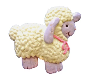 Gibson PIN Easter Vintage LAMB SHEEP White & Purple Ceramic 1990s Holiday Brooch - Picture 1 of 2