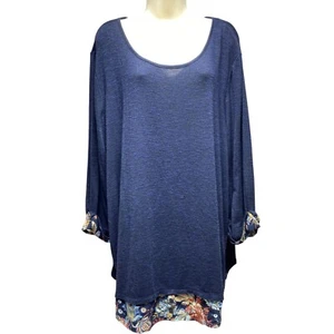 Catherines 2X Plus Size Blue Tunic Long Sleeve Top With Floral Accents - Picture 1 of 9
