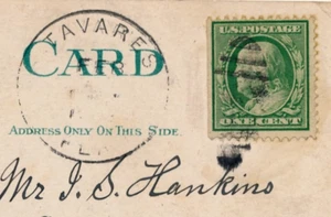 TAVARES FLA. OVATE BARRED DUPLEX CANCEL. FL. SENT TO: QUINTON, N.J. 1912. - Picture 1 of 3