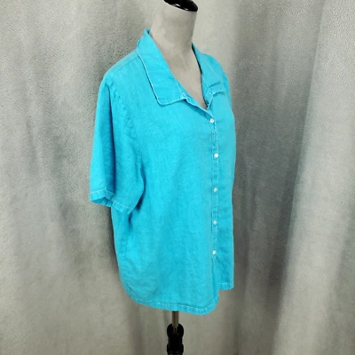 Lo último Algodón Lino Abotonable Top Para Mujer 1X Azul Camisa de Verano Blusa Cómoda EE. UU. Foto 1 de 4