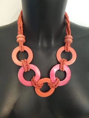 Pink mother of pearl disc bead necklace with wooden beads boho hippie layering - Image 1 of 3