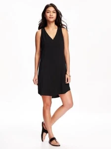 Old Navy Black V-Neck Sleeveless Tie Bow Back Shift Dress Silky Flowy Lined XL - Picture 1 of 19