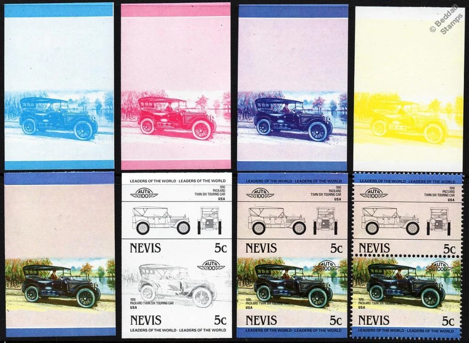 Estampillas de autos Packard Twin Six de 1916 (pruebas progresivas de Nevis 1984/auto 100) Foto 1 de 1
