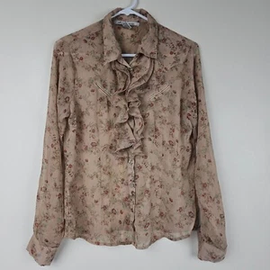 COTTAGECORE Sheer RUFFLED FLORAL BLOUSE SHIRT Womens S Country Western Feminine - Picture 1 of 13