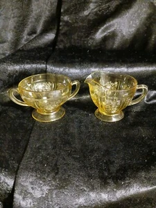 Vintage Set gelb Federal Depression Glas Vaseline Kohl Rose Sahne & Zucker  - Bild 1 von 10